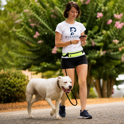 Laisse pour chien mains libres, incluant une laisse élastique amortissante, une poche pour téléphone et un porte-bouteille.